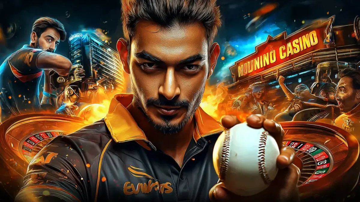 একজন তীব্র ক্রিকেট খেলোয়াড় ক্রিকেট বলটি ধরে একটি জটিল ছবিতে, যেখানে একটি স্পোর্টস স্টেডিয়াম 456bed গেমিং প্ল্যাটফর্মের উজ্জ্বল নিয়ন-আলোকিত পরিবেশের সাথে মিলে গেছে।