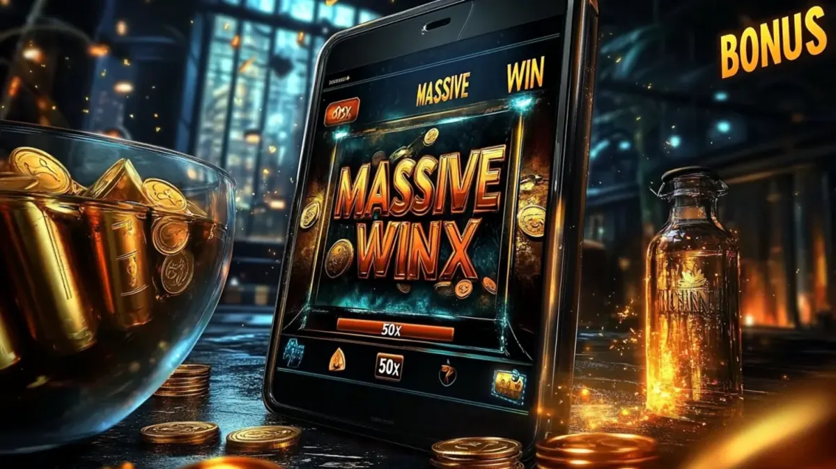 একটি মোবাইল ফোনে MASSIVE WINX বোনাস ও 50x মাল্টিপ্লায়ার দেখা যাচ্ছে, যা 456bed-এ বড় জয়গুলোর সুযোগ প্রচার করছে। দৃশ্যটি একটি ক্লাসি বার-সেটিংয়ে সেট করা, যেখানে গোল্ডেন বুলেট-আকারের বস্তুর একটি থালা রাখা আছে।