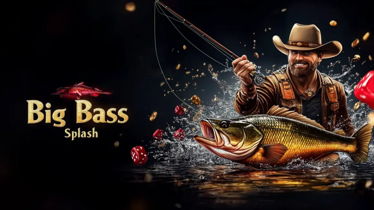 এই Big Bass Splash মাছধরা-থিমার প্রচারণায় একটি খুশি জেলে, কাওবয় হ্যাট পরে, একটি বড় bass মাছ ধরার চেষ্টা করছেন। 456bed-এ এটি খেলার জন্য উপলব্ধ।