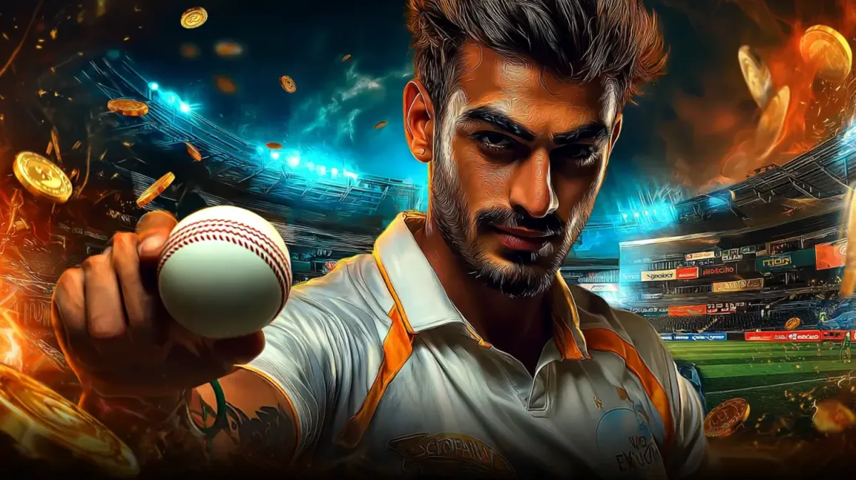 A focused and intense male cricket player holds up a cricket ball in a packed stadium, promoting the exciting world of cricket betting at 456bed. Gold coins and fire effects add to the drama.