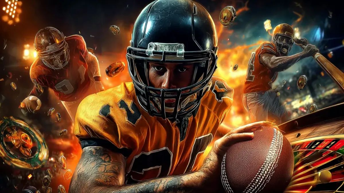 A dynamic collage for sports betting at 456bed, featuring an American football player in the foreground, with baseball and football players in action behind him.
